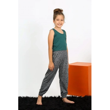 MİRAY- Kız Çocuk Sıfır Kol Zümrüt Yeşili Penye Pijama Takım