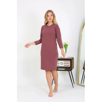 MİRAY- Pamuk Ev Elbisesi Tunik Gecelik Mürdüm