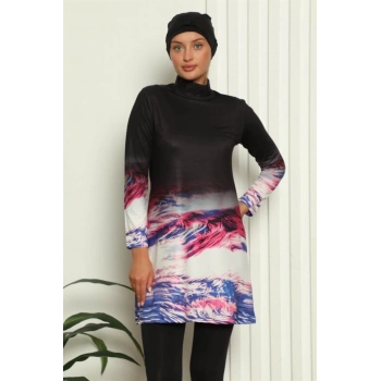 MİRAY- Tam Tesettür Dijital Desenli Mayo Siyah