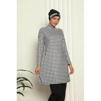 MİRAY- Tam Tesettür Dijital Desenli Mayo Siyah - Beyaz