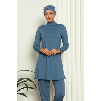 MİRAY- Tam Tesettür Likralı Mayo İndigo