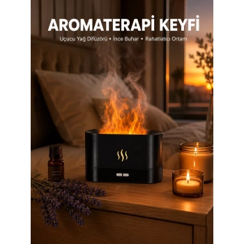 Modern Tasarımlı Alev Efektli Led Aromaterapi Hava Nemlendirici Yeni Nesil