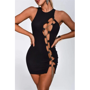 MARSİLYAN-  Bayan Zincirli Siyah Mini Elbise
