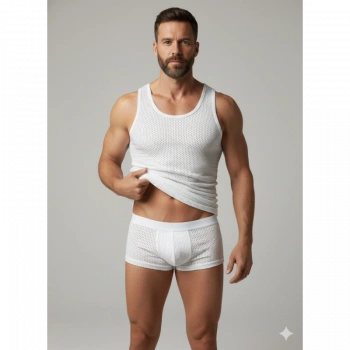 MODLİVE Erkek Beyaz File Tank Top Boxer Takımı