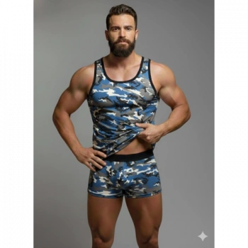 MODLİVE Erkek Kamuflaj Tank Top Boxer İç Çamaşır Takımı