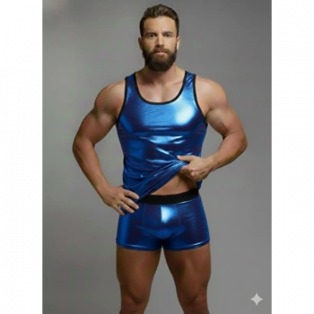 MODLİVE Erkek Mavi Lame Tank Top Boxer Takım