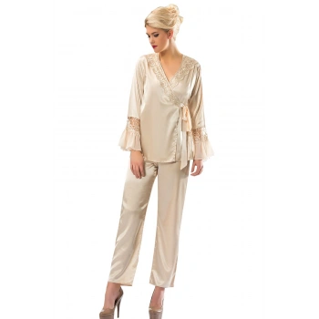 MODLİVE Gold Rengi Saten Pijama Takımı - 1592