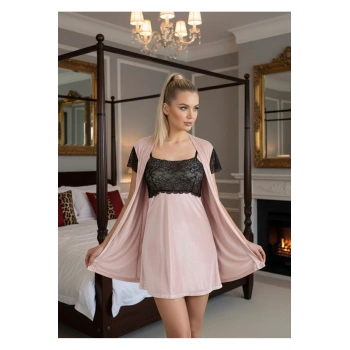 MODLİVE Pudra Kadife Sabahlık & Gecelik Takım 2 Li - 1430