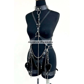 MARSİLYAN- Tasma ve Zincir Detaylı Şık Deri Harness, Deri Fantezi Giyim- APFT1225