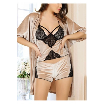 MODLİVE Vizon Kadife Dantelli Sabahlık & Gecelik Takım 3 Lü - 1398