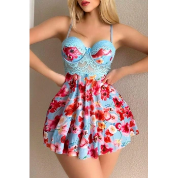 MODLİVE YNT Mavi Rüya Gecesi Çiçekli Askılı Mini Gecelik 15628