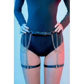MARSİLYAN- Zincir Detaylı Seksi Deri Belden Askılı Bacak Jartiyer Harness - APFT1323