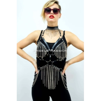 MARSİLYAN- Zincirli Deri Harness, Deri Dansçı Kostüm, Choker Detaylı Deri Harness - APFT1397