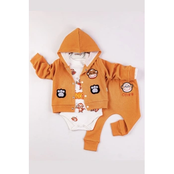 Monkey Nakışlı Kapişonlu Erkek Bebek Takım