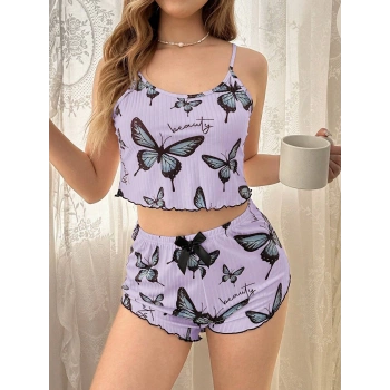 Mor Renk Kelebek Desenli Şortlu Ev Giyim Takımı,Kadın Yazlık Askılı Pijama, Rahat ve Şık Ev Giyim