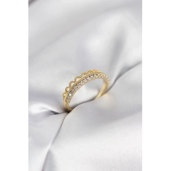 Motif Desenli Gold Renk Zirkon Taşlı Kadın Yüzük - TJ-BYK4151
