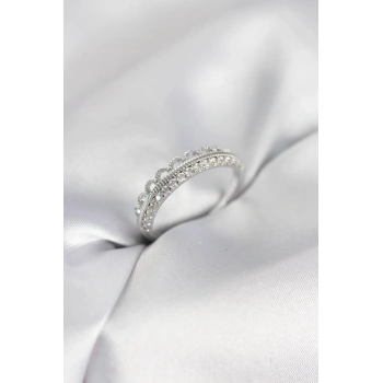 Motif Desenli Gümüş Renk Zirkon Taşlı Kadın Yüzük - TJ-BYK4150