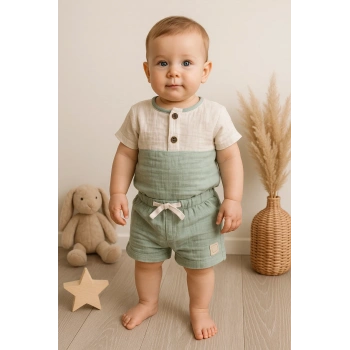 Müslin Şortlu 2 li Erkek Bebek Takım % 100 Pamuk