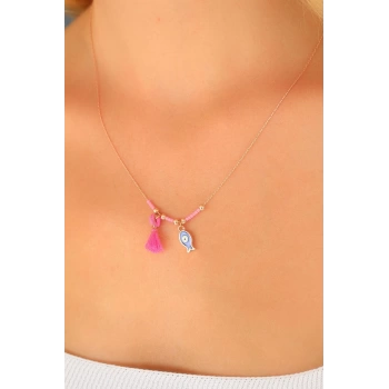 Nazar Boncuklu Pembe Renk Taşlı Rose Bayan Kolye - TJ-BKO4372