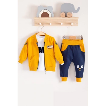 New Fashıon Hırkalı 3lü % 100 Pamuk Erkek Bebek Takımı