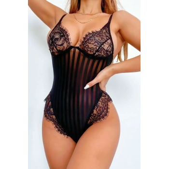 Night Light Çizgili Siyah Dantel Body