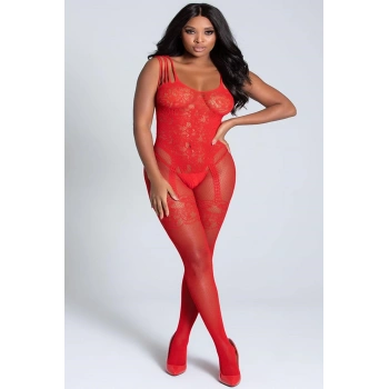 NightLight Kadın Kırmızı Jartiyer Desenli Özel Bölgesi Açık Vücut Çorabı 5046