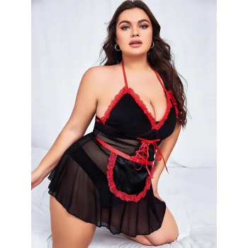 Nightlight Kırmızı Dantel Detaylı Fantazi Büyük Beden Hizmetçi Kostümü