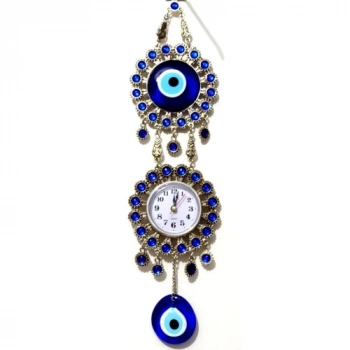 Nikel Zamak Kaplamalı Nazar Boncuklu Gümüş Rengi Mini Duvar Saati