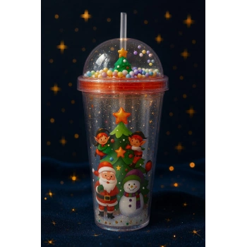 Noel Baba & Yılbaşı Temalı Pipetli Suluk 450 ML Çift Katman Mika Su Şişesi 2768