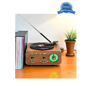 Nostaljik Tasarım Plak Çalar Görünümlü Radyolu Bluetooth Hoparlör Retro Müzik Plak Açık Kahverengi