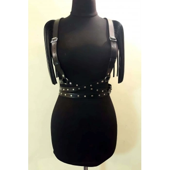 Omuzları Püskül Detaylı Deri Kemer, Askılı Püsküllü Deri Harness - Brf1004