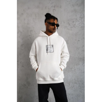 Ön Arka Baskılı Kapşonlu Sweat - Beyaz -