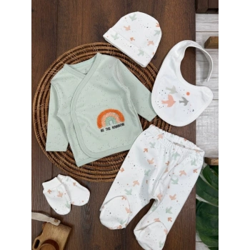 Organik Pamuklu Gökkuşagı Nakışlı Yenidoğan 5li Hastane Çıkışı Seti