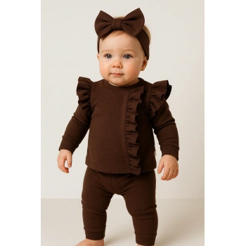 Orkide Büzgü Detaylı 3 Parça Kız Bebek Takımı %100 Pamuk