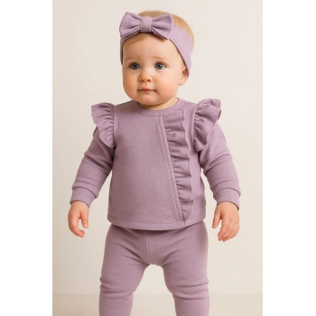 Orkide Büzgü Detaylı 3 Parça Kız Bebek Takımı %100 Pamuk