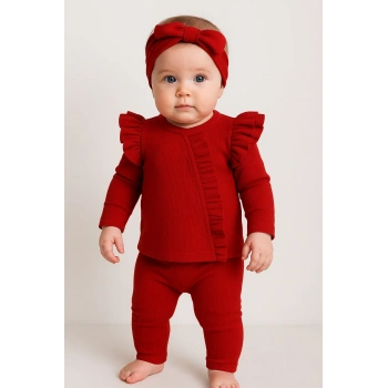 Orkide Desenli Fisto Detaylı 3 Parça Kız Bebek Takımı %100 Pamuk