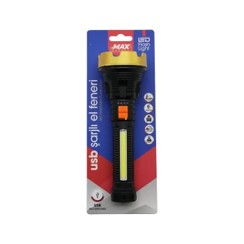 ORTA=19CM 2İN1= OSL LED - COB LED USB ŞARJLI EL FENERİ 3-KADEME IŞIK - FLAŞÖR ŞARJ GÖSTERGE (4887)
