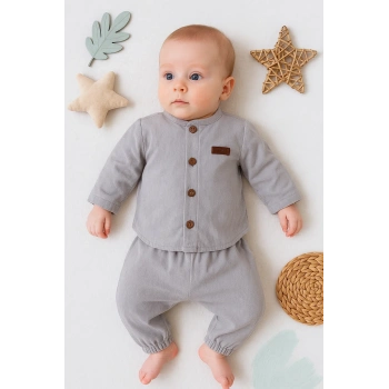 Oval Kesim 5 Düğmeli Müslin Kumaş 2li Erkek Bebek Takımı