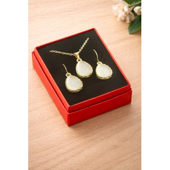 Oval Mineli Kutulu Kolye Set