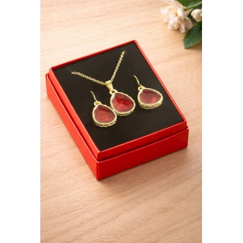 Oval Mineli Kutulu Kolye Set