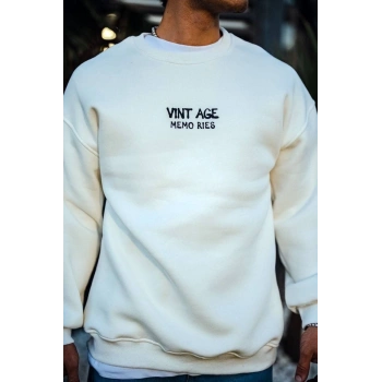 Oversize Bisiklet Yaka Üç İplik Baskılı SweatShirt - Beyaz -