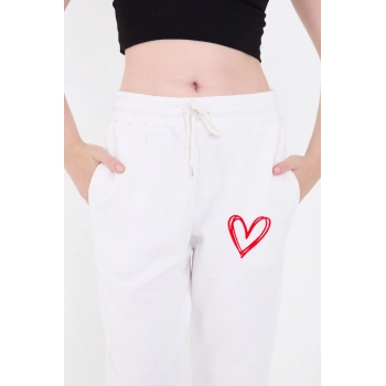 Oversize Boru Paça Baskılı Eşofman Pantolon - Beyaz