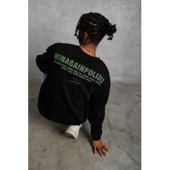 Oversize Sweatshirt – Siyah Renk | Ön ve Sırt Baskılı, Üç İplik İçi Pamuklu Kumaş, Rahat Kalıp, Ribanalı Kışlık Sweat | Winagain Polizei Serisi - Siyah