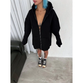 Oversize Tam Fermuarlı Uzun Kol Hırka - Siyah -
