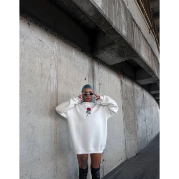Oversize Üç İplik Bisiklet Yaka Baskılı SweatShirt - Beyaz -