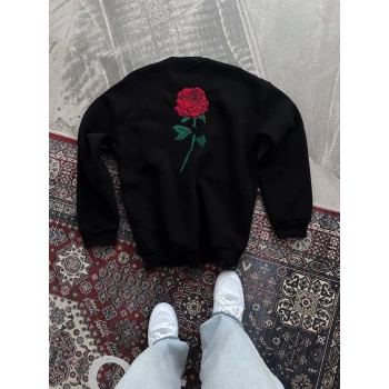 Oversize Üç İplik Bisiklet Yaka Baskılı SweatShirt - Siyah -