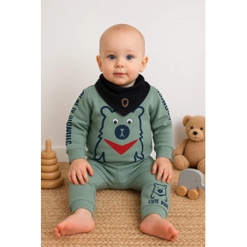 Oynar Gözlü Fularlı 3lü Erkek Bebek Takımı