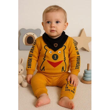 Oynar Gözlü Fularlı 3lü Erkek Bebek Takımı