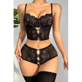 Özel Bölgesi Açık Siyah Dantelli Fantezi Büstiyer Takım