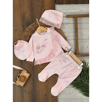 Pamuklu Çiçek Nakışlı Uzun Kollu Kız Bebek Hastane Çıkış Seti